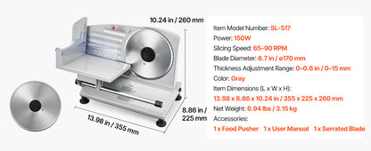 SucceBuy Meat Slicer 150/180/200W Electric Deli Slicer Machine with Blade 0-0.6 inch Adjustable Thickness for Meat Baguett Steak