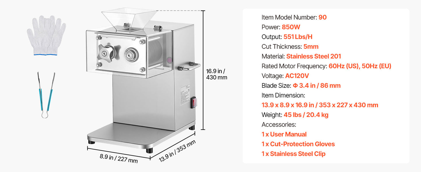 SucceBuy Meat Cutting Machine 850 W Commercial Slicer 5 mm Stainless Steel Blade Shredder for Boneless Meat Vegetables Kitchen