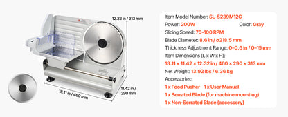 SucceBuy Meat Slicer 150/180/200W Electric Deli Slicer Machine with Blade 0-0.6 inch Adjustable Thickness for Meat Baguett Steak