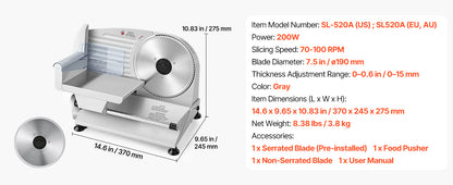 SucceBuy 200W Meat Slicer 7.5" Electric Deli Slicer with 2 SUS420 Blades & 0-0.6" Adjustable Thickness for Frozen Meat Ham Steak