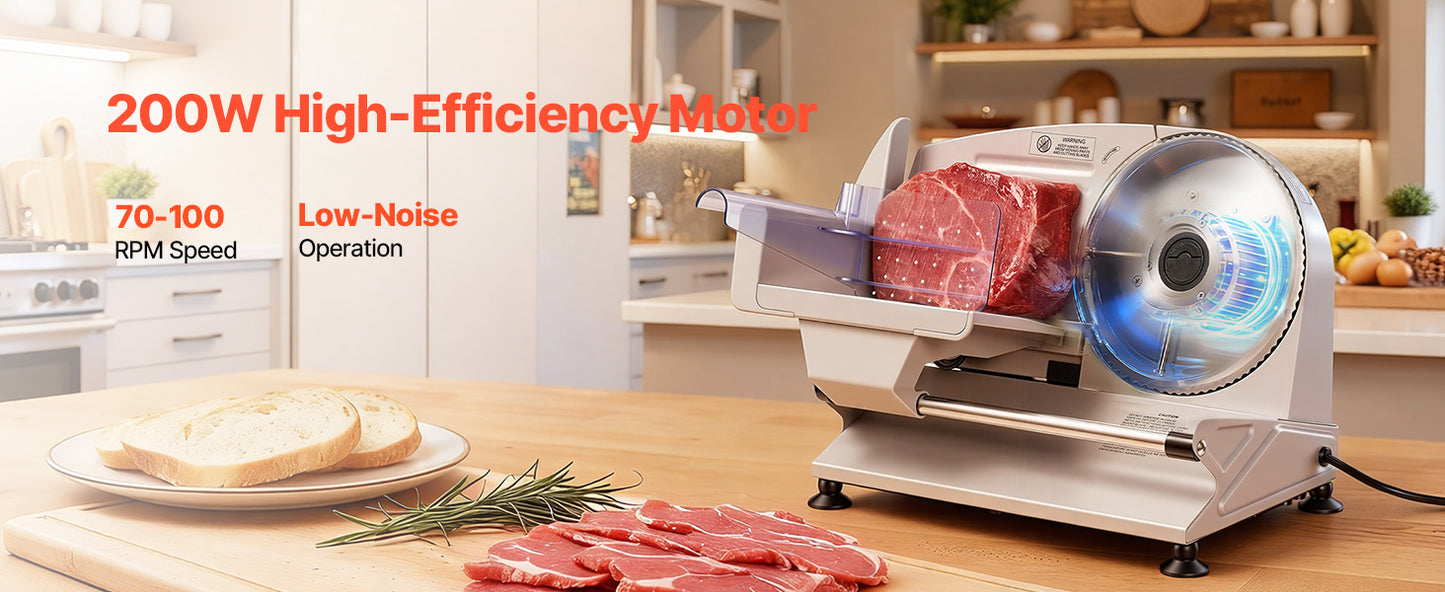 SucceBuy 200W Meat Slicer 7.5" Electric Deli Slicer with 2 SUS420 Blades & 0-0.6" Adjustable Thickness for Frozen Meat Ham Steak
